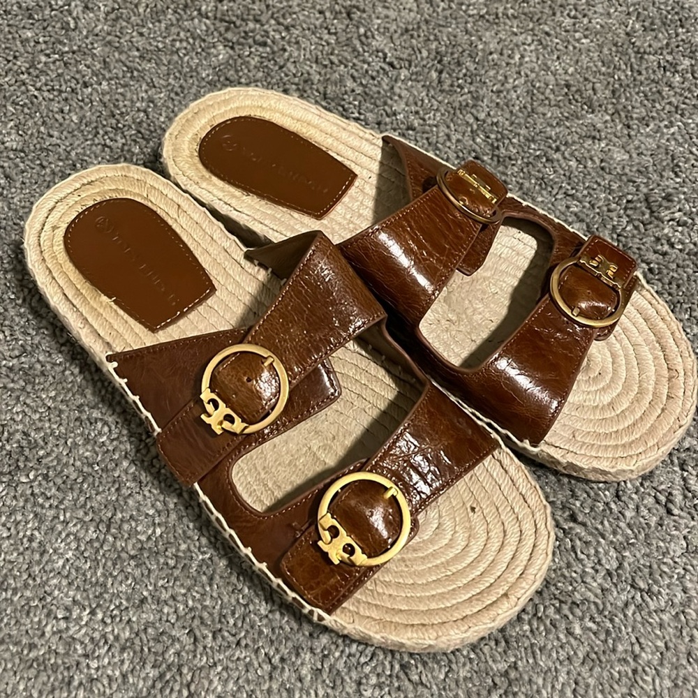 TORY BURCH Brown Leather Selby Two-Band Espadrille Slide Sandal size 9.5